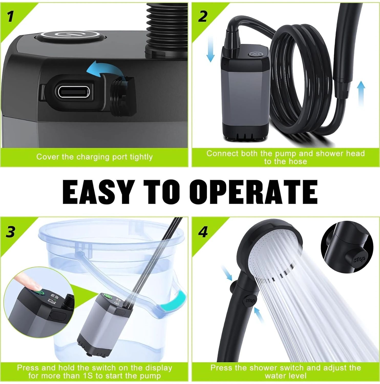 CARVALHO Portable Electric Camping Shower - USB Rechargeable Outdoor Shower Head with 2.2Ah Battery